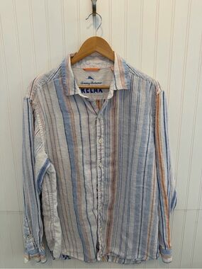 Tommy Bahama Striped 100% Linen Button-Up Shirt in Blue, White & Orange